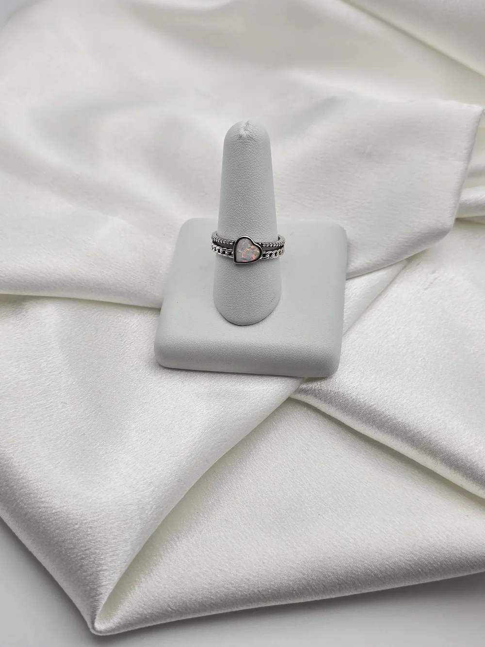 Sterling Silver 925 Created White Heart Opal Ring
